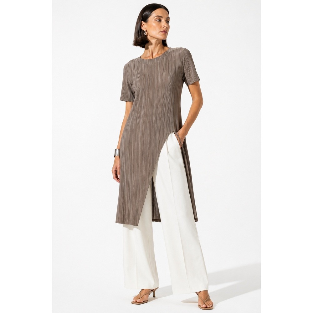 Vanite Couture Pleated‎ Asymmetrical Tunic Top Brown Short Sleeve Crinkle Pleats